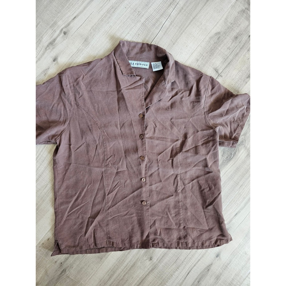 Silk Exchange Brown Short Sleeve Button Down 100% Silk Shirt Small RN 64578
